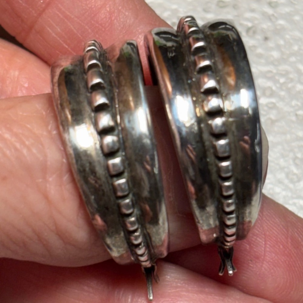 Vintage Chunky 925 Sterling Silver Beaded Hoop‎ Earrings 28mm Thick Ribbed 5.6g